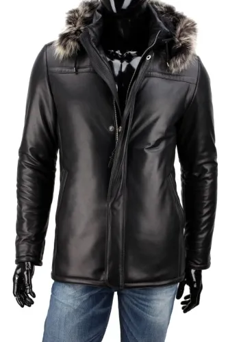 PTRL450 - Długa elegancka kurtka skórzana męska ocieplana DORJAN