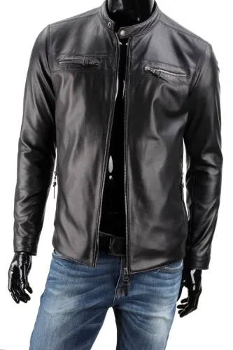 WIM450 - Rockowa kurtka skórzana męska z czarnej skóry DORJAN