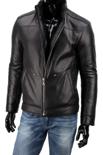 KAL450_1 - Męska kurtka zimowa biker ocieplana z czarnej skóry DORJAN