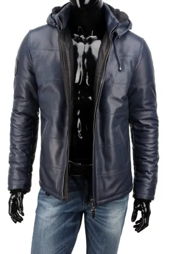 FRA074 - Męska kurtka skórzana niebieska z odpinanym kapturem DORJAN
