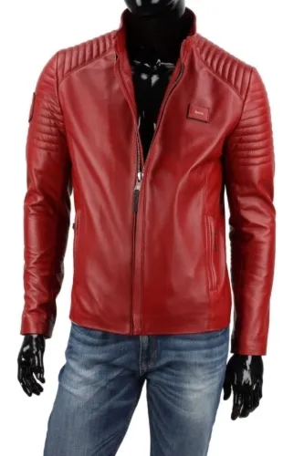 VIT467 - Uniwersalna skórzana kurtka męska w kolorze szkarłatu DORJAN