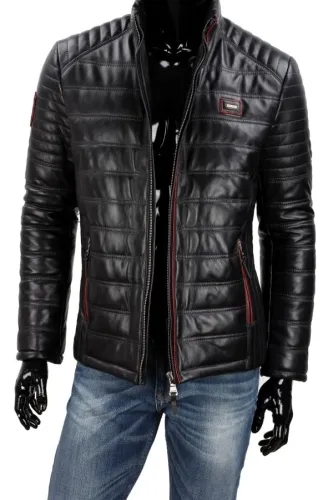 NIK450 - Kurtka skórzana męska z czerwonymi lamówkami DORJAN