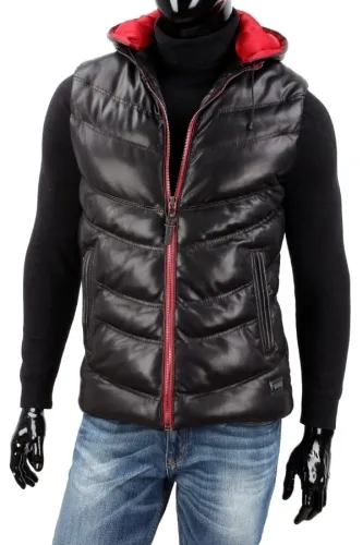GRZ450 - Ocieplana kamizelka skórzana męska z kapturem DORJAN