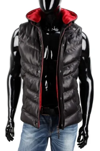 GRZ450_1 - Ciepła kamizelka skórzana męska z kapturem DORJAN