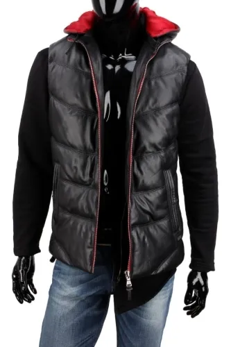 GRE450 - Ocieplana kamizelka skórzana męska z kapturem DORJAN