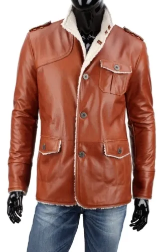 ELV090 - Ocieplana kożuszkiem kurtka skórzana męska brąz DORJAN