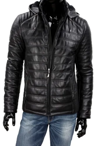 NIKM450_1 - Kurtka Skórzana z kapturem na jesień i wiosnę DORJAN