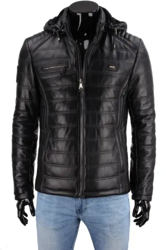 LUIK950 - Czarna kurtka skórzana męska z odpinanym kapturem DORJAN