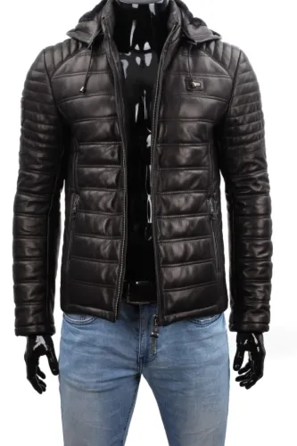 NIKM453_1 - Funkcjonalna kurtka skórzana męska z kapturem DORJAN