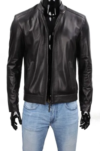 PIT450 - Lekka kurtka skórzana męska z przeszyciami DORJAN