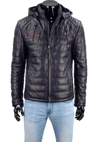 LUIK071A - Kurtka skórzana męska z kapturem / kolor navy blue DORJAN