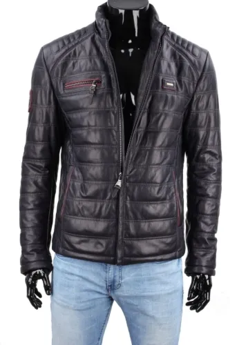 LUI071A_1 - Ciepła ciemnogranatowa kurtka skórzana męska DORJAN