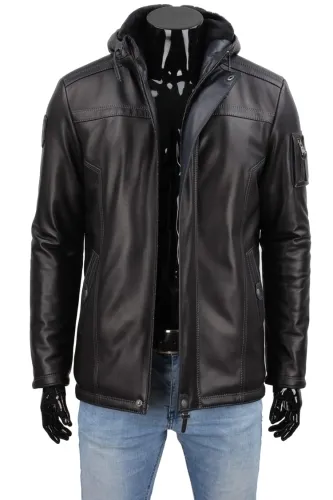 AMD450_1 - Czarna męska kurtka zimowa z kożuszkiem i kapturem DORJAN