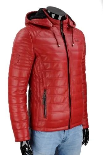 NIKM467 - Ciepła kurtka skórzana męska z odpinanym kapturem DORJAN
