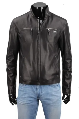 OLG950N - Czarna kurtka skórzana męska w klasycznym kroju DORJAN