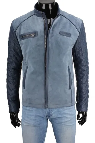 VIW073 - Niebieska kurtka zamszowa męska z pikowanymi rękawami DORJAN