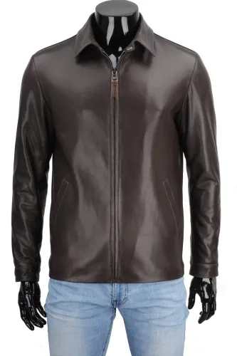 MAT124A - Stylowa brązowa kurtka skórzana męska na wiosnę DORJAN