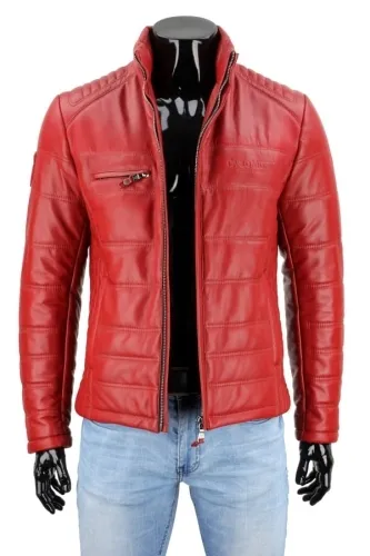 JUI411 - Kurtka męska skórzana przejściowa z czerwonej skóry DORJAN