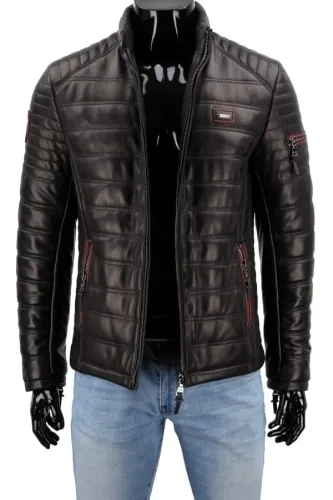 NIK453K - Kurtka skórzana męska z kieszonką na ramieniu DORJAN