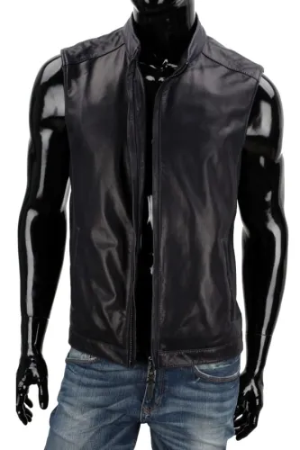 PRK450 - Lekka kamizelka skórzana męska z czarnej skóry DORJAN