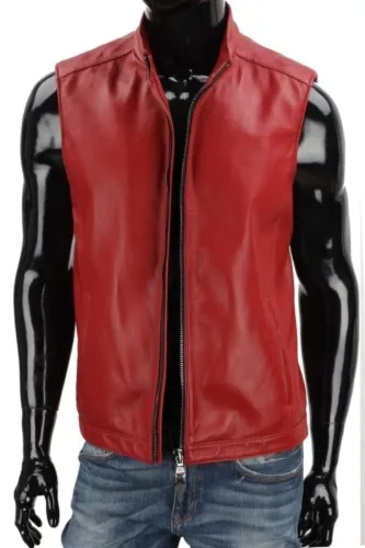 PRK467 - Czerwona kamizelka skórzana męska ze skóry licowej DORJAN
