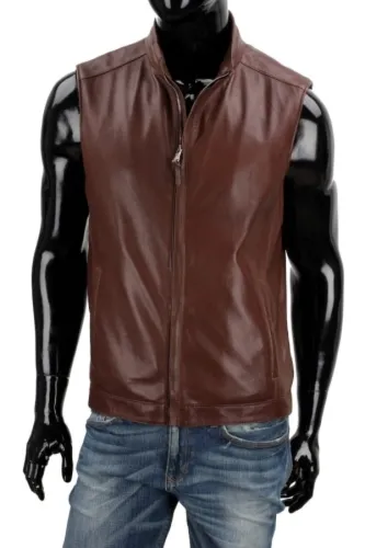 PRK122 - Brązowa kamizelka skórzana męska ze skóry owczej DORJAN