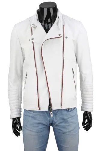 LEO901 - Biała Ramoneska Skórzana Męska DORJAN