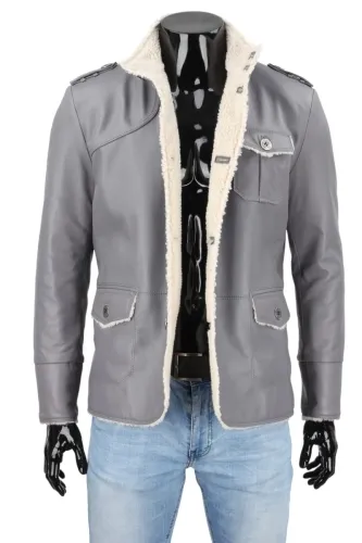 ELV102 - Ciepła szara kurtka skórzana męska z kożuszkiem DORJAN
