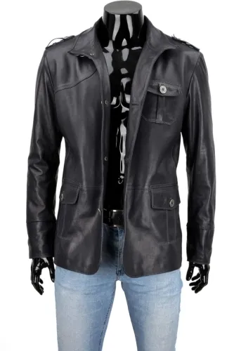 ELV071A - Długa kurtka skórzana męska na okres przejściowy DORJAN