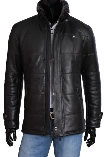 BRU450 - Ciepła kurtka skórzana męska futrzanym kołnierzem DORJAN