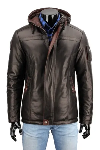 AMD124A - Brązowa skórzana kurtka męska zimowa z kapturem PREMIUM DORJAN