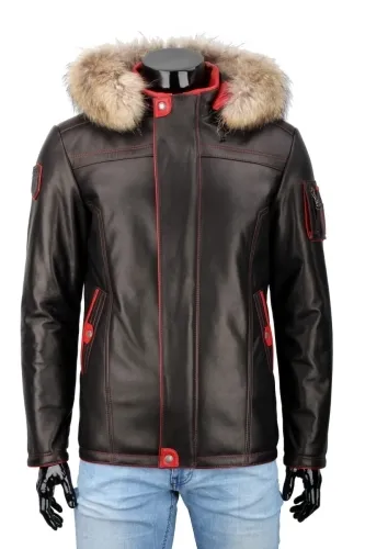 AMDO450_1 - Skórzana kurtka męska z odpinanym kapturem DORJAN PREMIUM