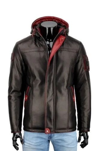 AMD450S - Czarna skórzana kurtka zimowa męska z kapturem PREMIUM DORJAN