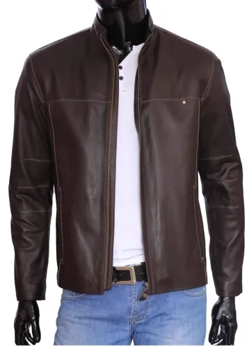OLF016 - Brązowa męska kurtka skórzana z kontrastowymi nićmi DORJAN