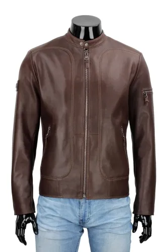 KEN122 - Brązowa kurtka męska typu biker ze skóry DORJAN