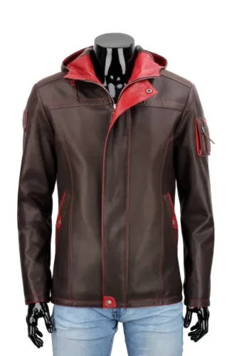 AMDU122B - Skórzana brązowa kurtka męska z kapturem PREMIUM DORJAN