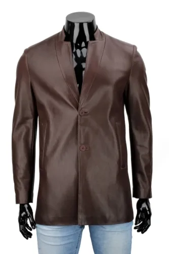 JSZ122 - Elegancka brązowa kurtka skórzana męska DORJAN