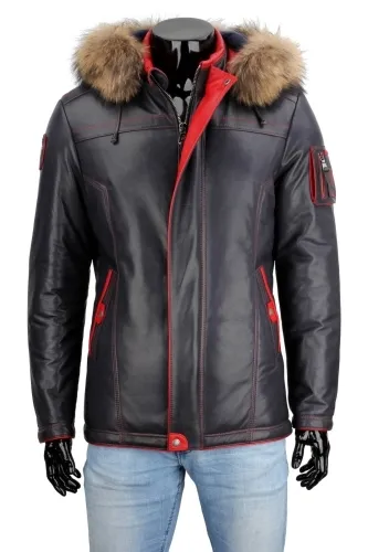 AMDO074 - Granatowa męska ocieplana kurtka PREMIUM z futerkiem DORJAN