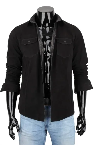 WIS400 - czarna zamszowa koszula męska skórzana na guziki DORJAN