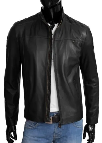 PIK450 - Lekka skórzana kurtka męska w klasycznej czerni DORJAN