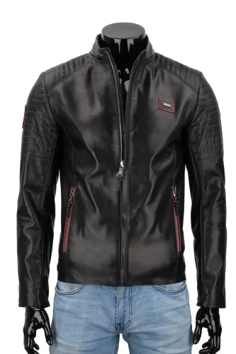 VIT451 - czarna kurtka skórzana męska z czerwonymi dodatkami DORJAN