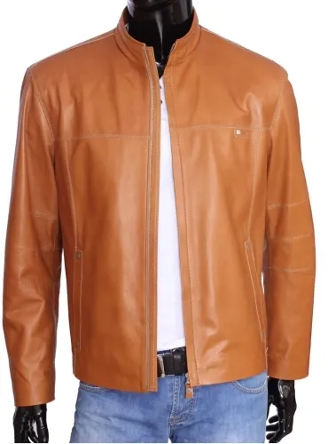 OLF080 - Skórzana kurtka męska w jasnym camelowym kolorze DORJAN