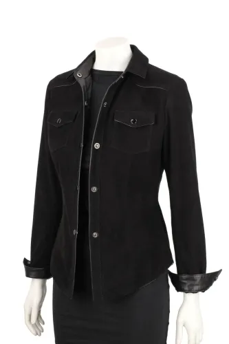 DAN400 - Czarna zamszowa koszula damska ze skóry naturalnej DORJAN