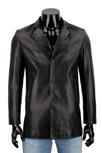 JSZK450 - Elegancka skórzana kurtka męska czarna z kołnierzem DORJAN