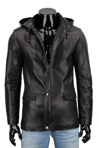FLX450 - Uniwersalna czarna kurtka skórzana męska z kapturem DORJAN