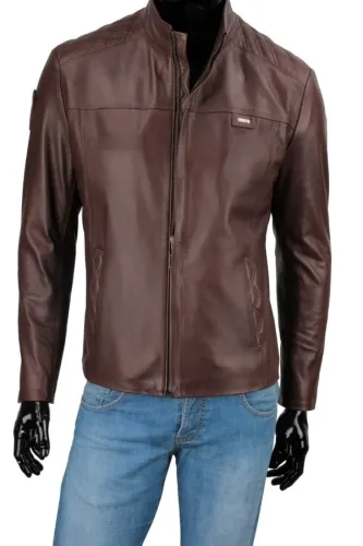 PIK117 - Kurtka męska skórzana w kolorze ciemnego brązu DORJAN