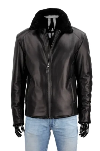 VTO450 - ciepła kurtka skórzana męska z czarnym futerkiem DORJAN