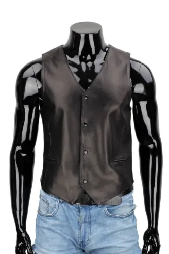 HRO450 - Elegancka czarna kamizelka skórzana męska klasyk DORJAN
