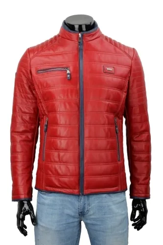 NIK467G - Kurtka skórzana męska z granatowymi dodatkami DORJAN