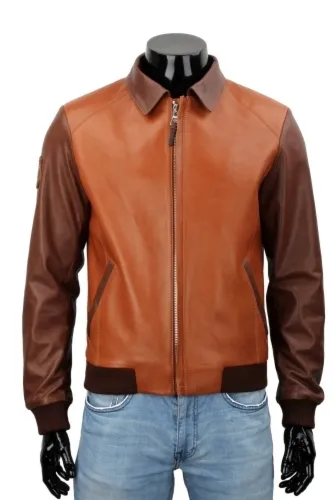 FIN121 - brązowa szwedka męska skórzana z kołnierzem i ściągaczami DORJAN